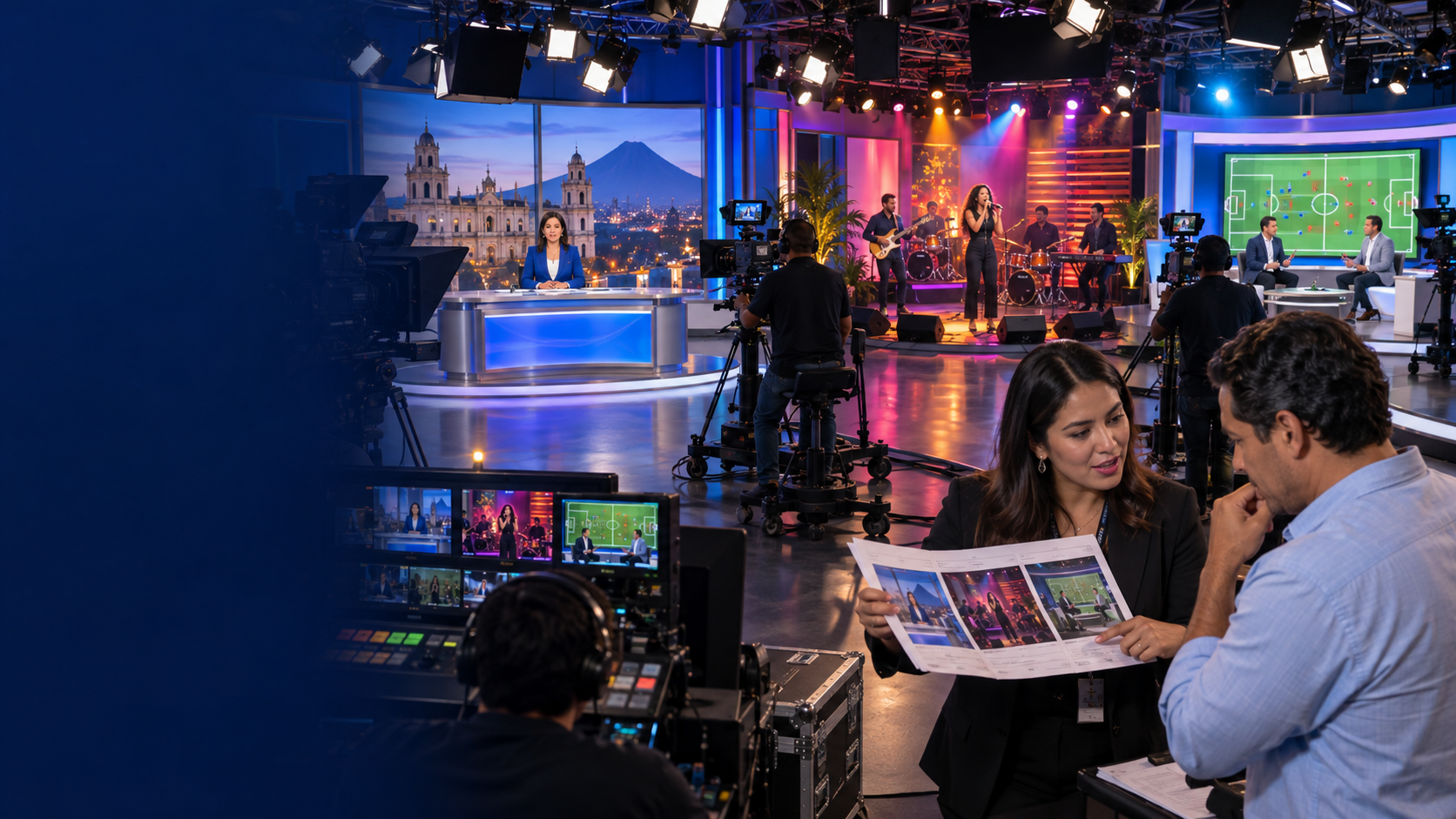 Producción de televisión local para noticias, música y deportes